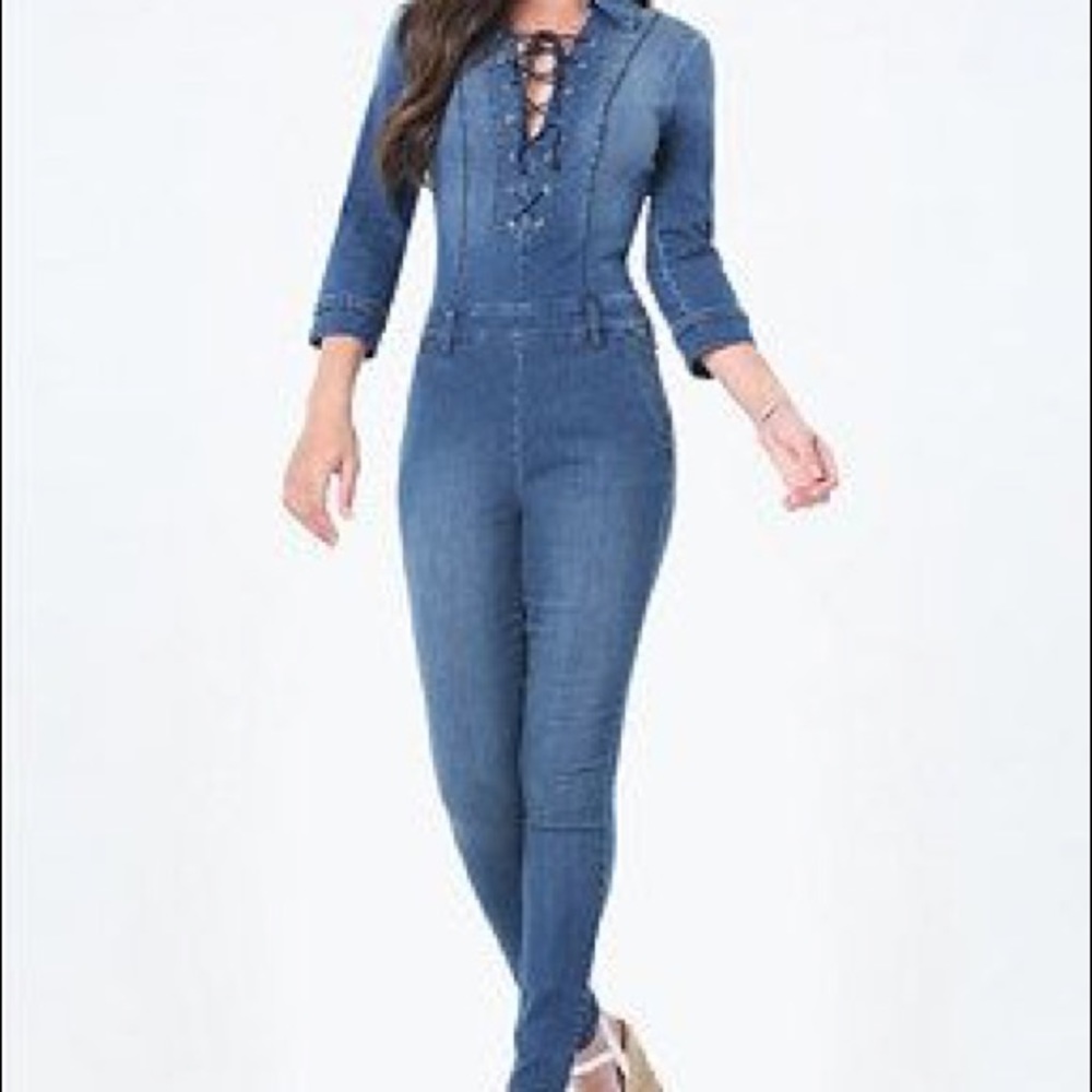 Bebe lace up denim jumpsuit